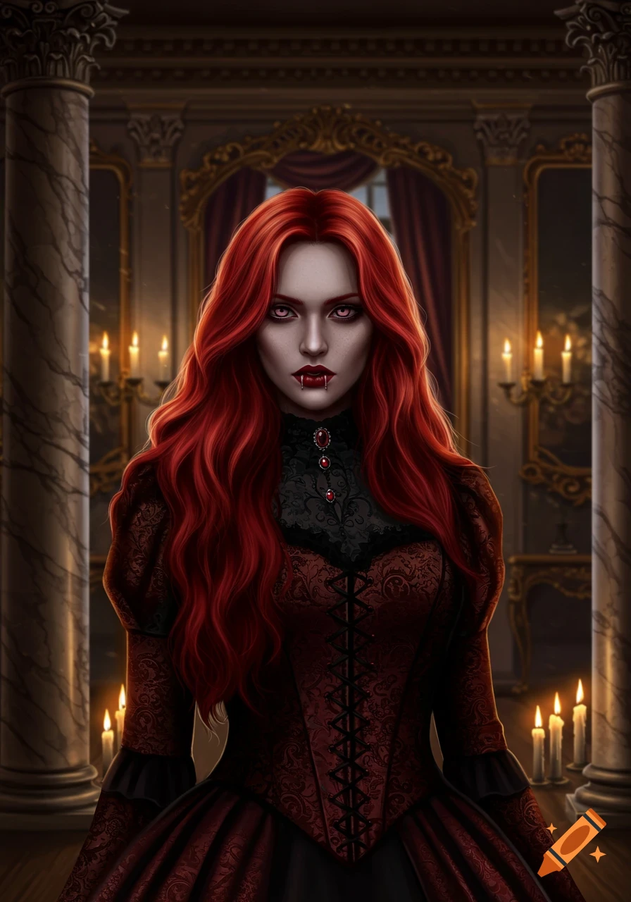 A digital painting of a redheaded vampire woman with glowing eyes and fangs, standing in an ornate gothic room lit by candles.