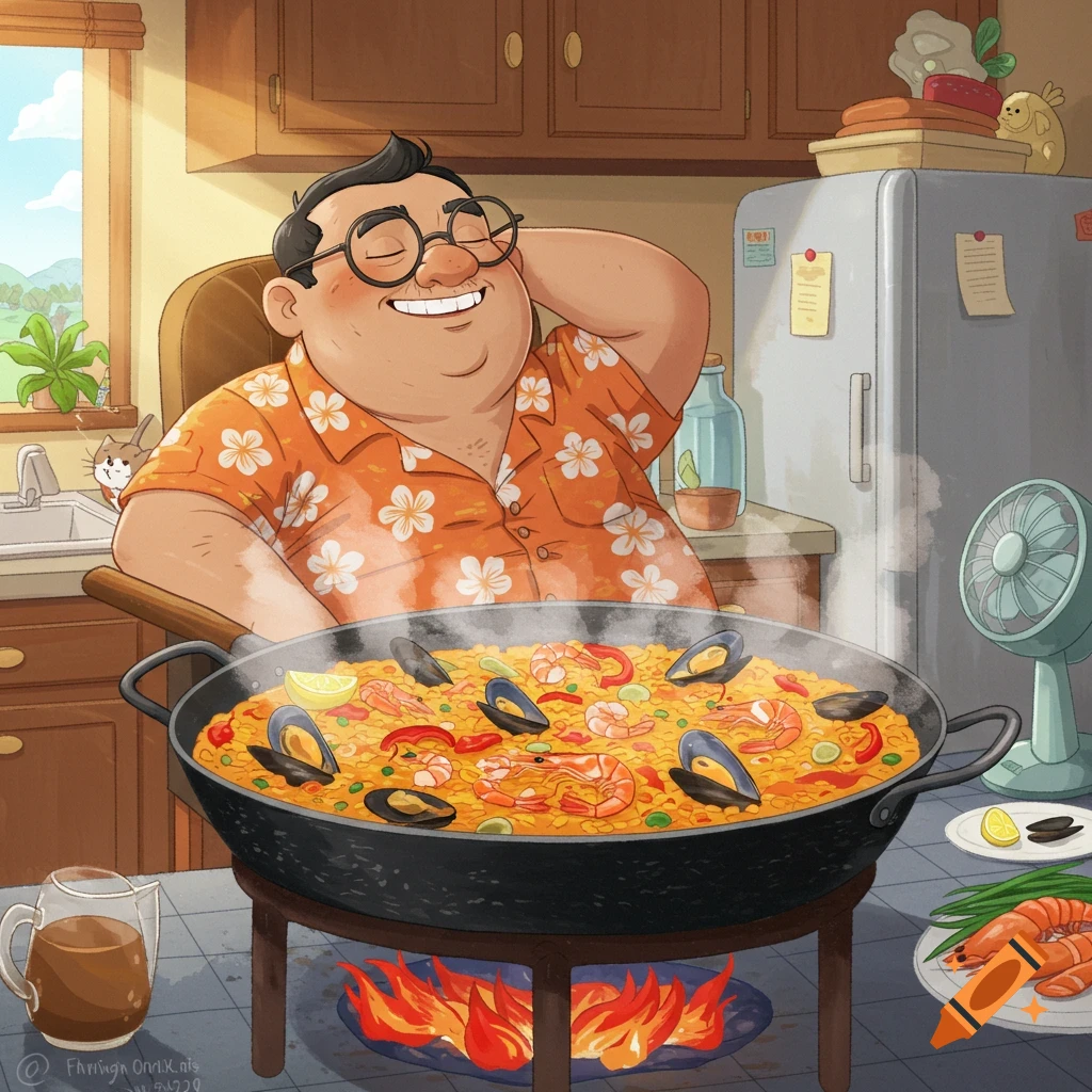 Cartoon man with glasses happily cooking a large pan of paella in a kitchen, with cats peeking from the window.