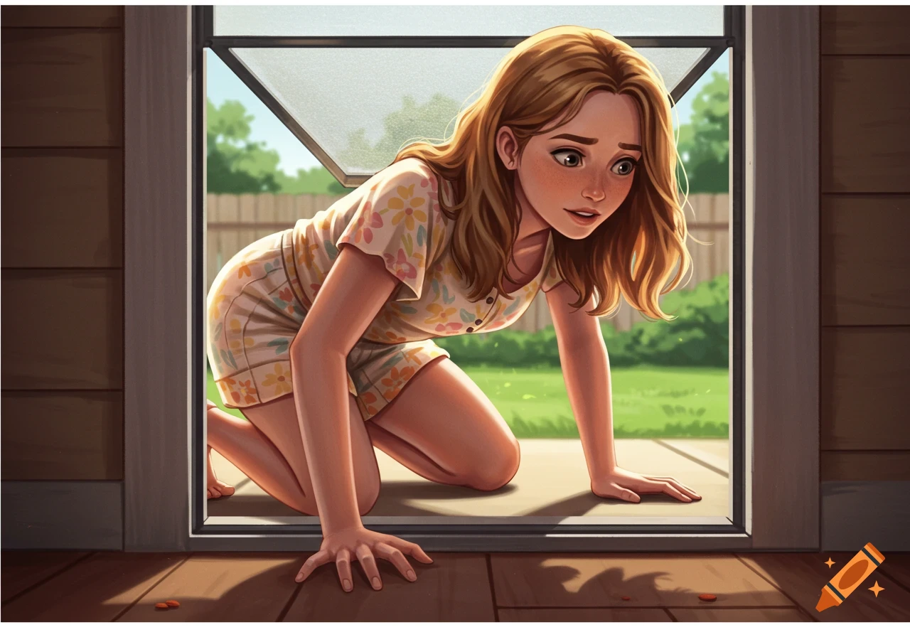 A cartoon teenage girl wearing a floral summer outfit is crawling through a dog door from a house into a sunny green yard.