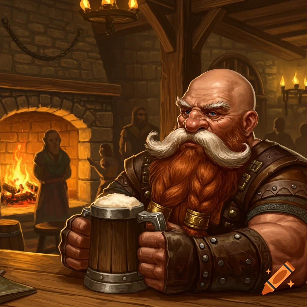 A bald dwarf with a large white mustache and red beard sits at a tavern table, holding a wooden beer mug. A fireplace burns in the background.