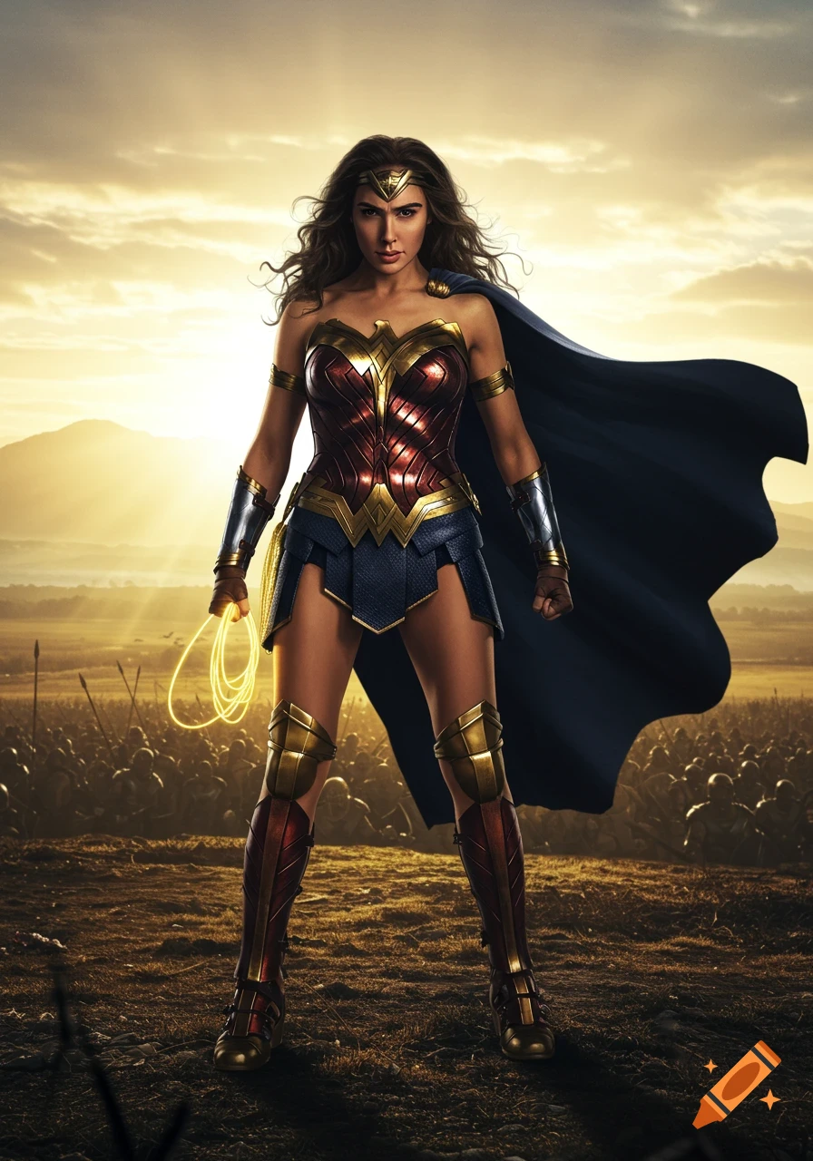 Photorealistic Wonder Woman (Gal Gadot) stands heroically on a battlefield at sunset, holding her Lasso of Truth.