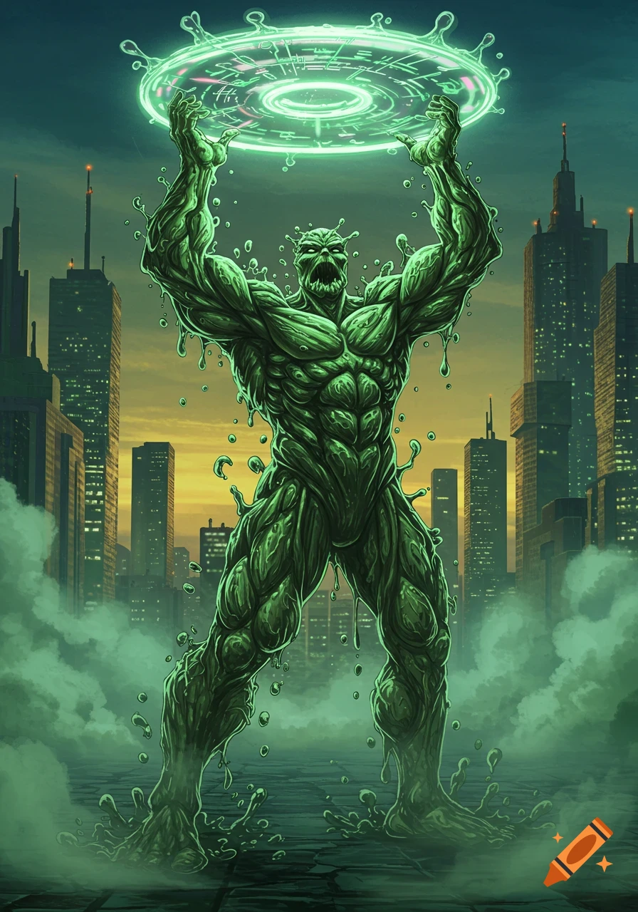 A hulking green sludge monster superhero stands in a city, holding up a glowing, circuit-like disc above its head, in a comic art style.