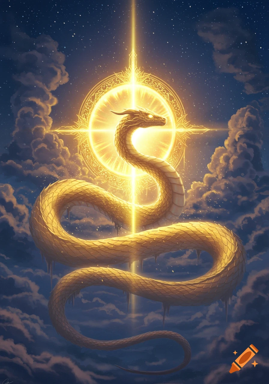 A majestic golden serpent coils vertically against a star-filled night sky, emerging from a glowing golden celestial ring and cross-shaped light.