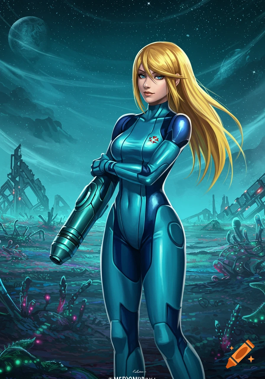 Zero Suit Samus in a blue futuristic suit stands on an alien planet with strange flora and structures under a starry sky.
