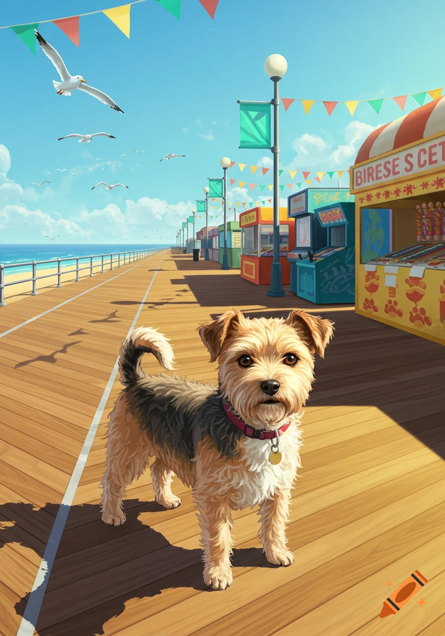 A cute terrier-type dog on a sunny wooden boardwalk by the ocean, with seagulls flying and colorful game stalls in the background.