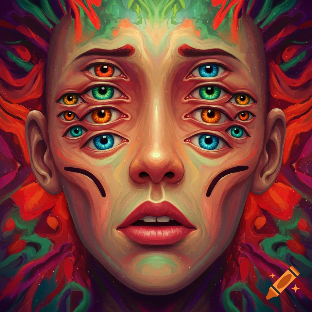 Abstract, psychedelic portrait of a face with multiple colorful eyes and vibrant, swirling hair-like elements in a painted style.