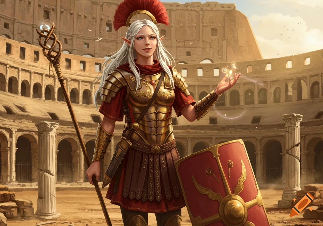 An elf-like woman in golden Roman armor and a red plumed helmet stands in a ruined Colosseum, holding a glowing magical orb and a staff.