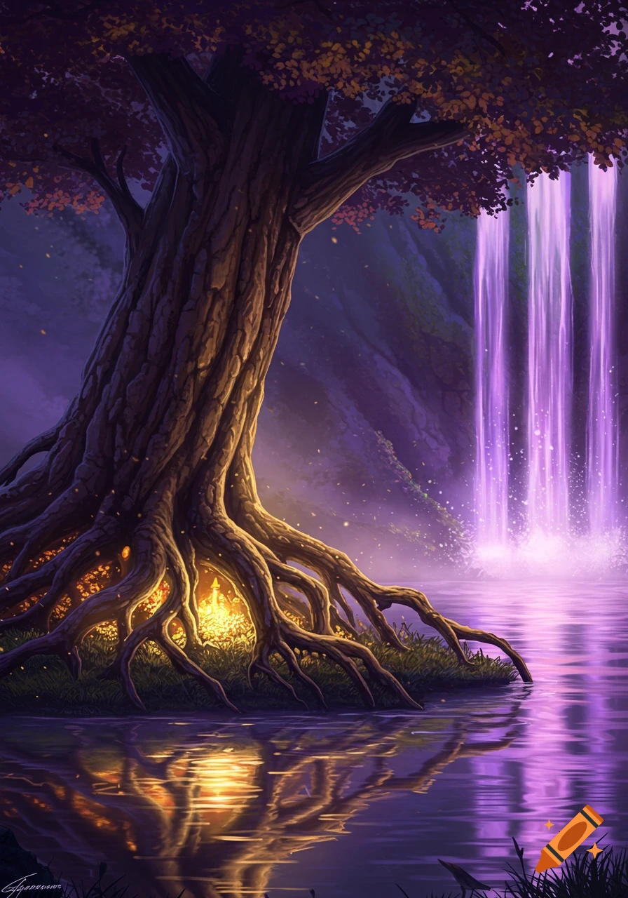 A large, ancient tree with glowing roots stands beside a tranquil lake reflecting a bright light. Purple waterfalls cascade in the background.