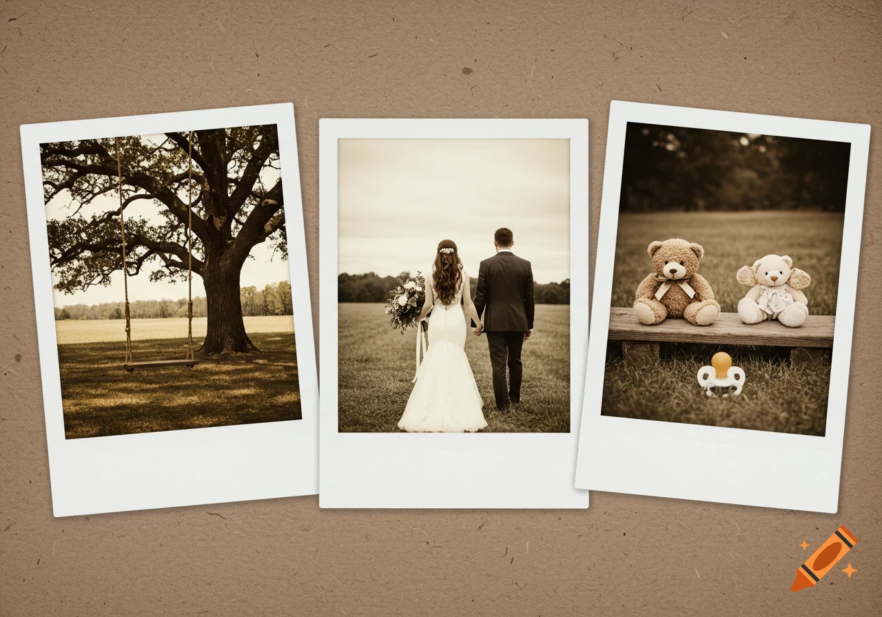 Three sepia-toned vintage photos on a brown background: an old tree with a swing, a bride and groom, and two teddy bears with a pacifier.