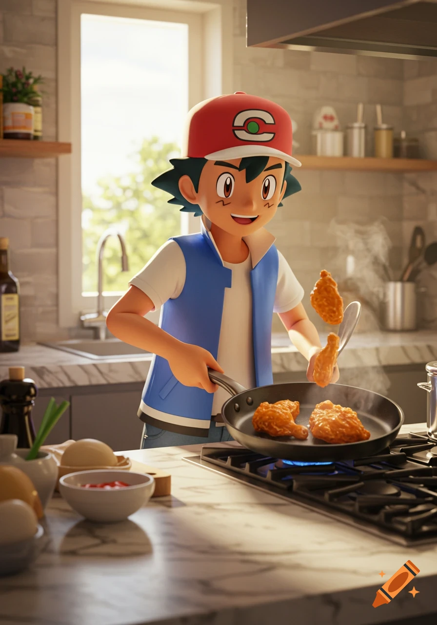 Ash Ketchum from Pokémon cooking fried chicken in a modern kitchen, detailed 3D rendering.
