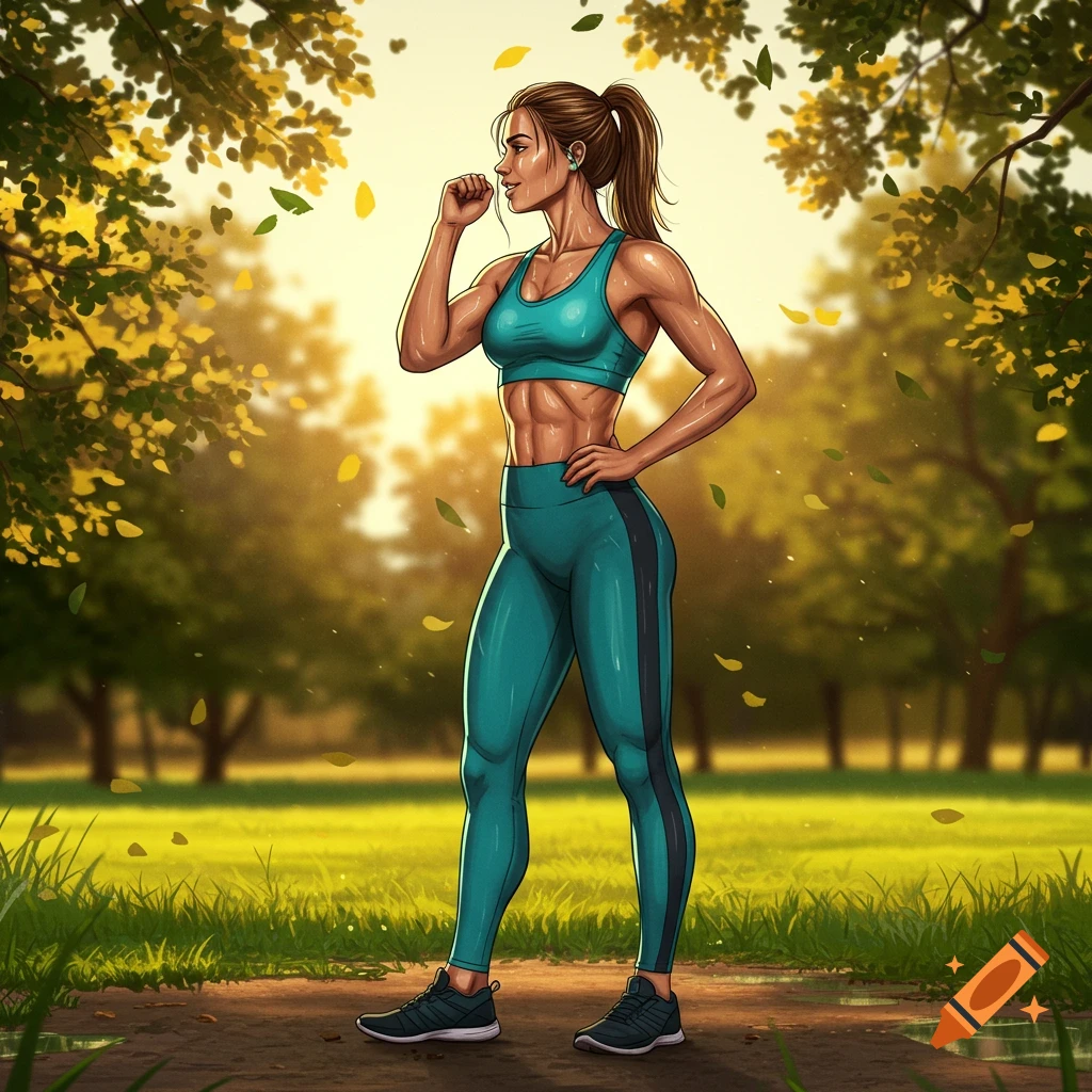 A fit woman in a teal sports bra and leggings stands in a park with autumn leaves falling.