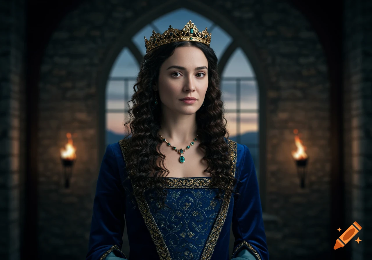 A photorealistic portrait of a medieval queen in a blue velvet gown and golden crown, standing in a stone castle.