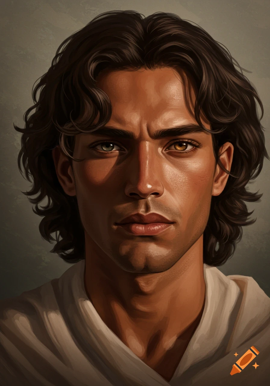 Close-up digital painting of a man with dark curly hair, tan skin, defined features, and heterochromia (one green, one golden eye).