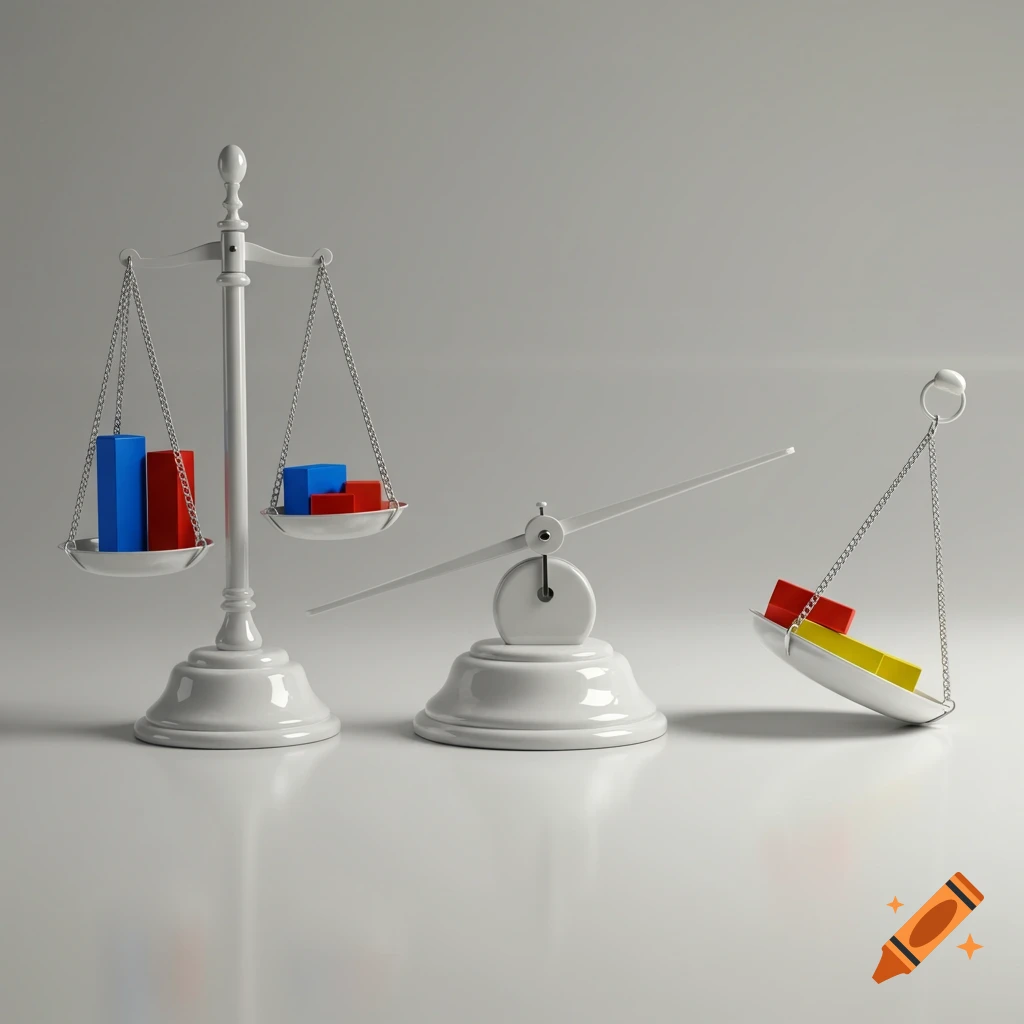 Two white balance scales on a gray background, one balanced with blue and red blocks, the other tilted and unbalanced with red and yellow blocks spilling out.