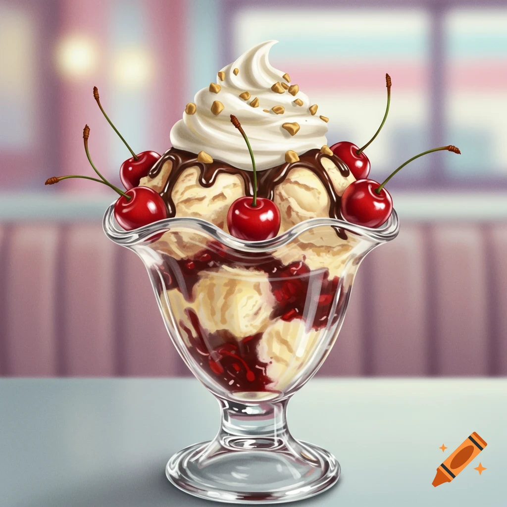 An illustrative cherry sundae with vanilla ice cream, chocolate syrup, whipped cream, nuts, and red cherries in a glass dish.