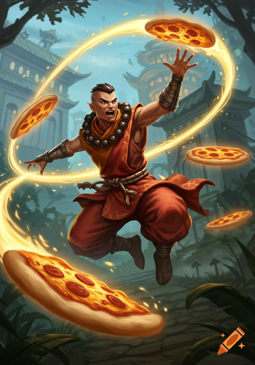 A monk-like character in a fantasy setting expertly throws multiple pizzas with glowing magical trails.