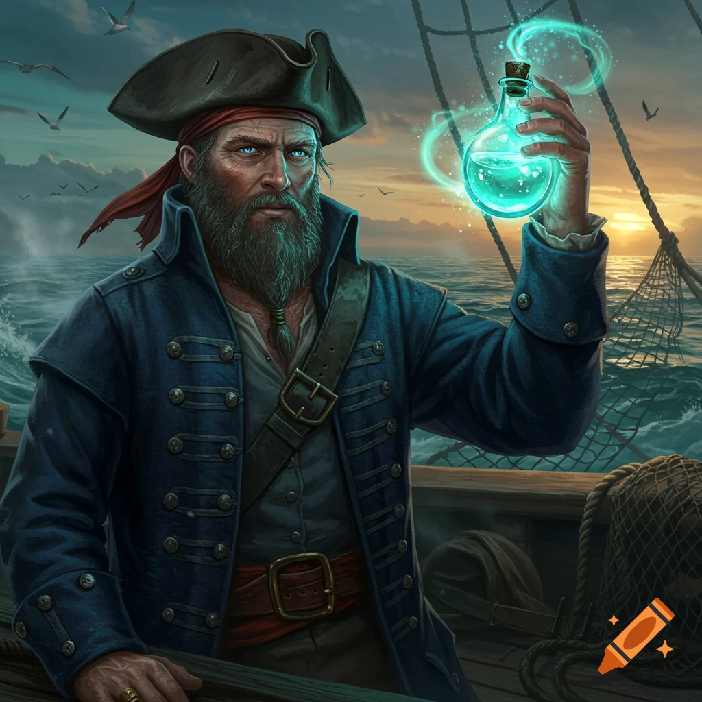 A bearded pirate with a tricorn hat holds a glowing blue potion on a ship at sunset.