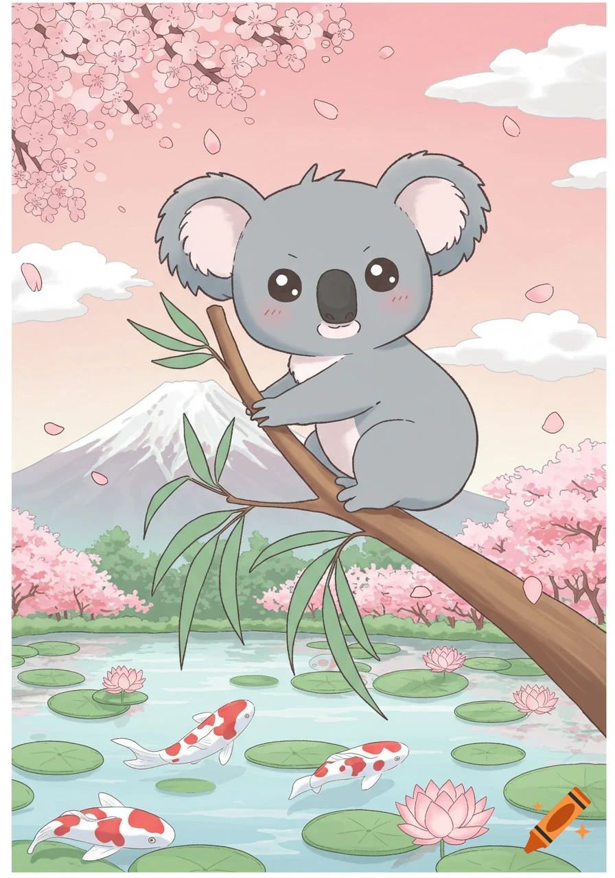 A cute cartoon koala sits on a tree branch, surrounded by pink cherry blossoms and falling petals, with Mount Fuji, a pond with lily pads and koi fish, and lotus flowers in the background. The art style is Japanese-inspired.