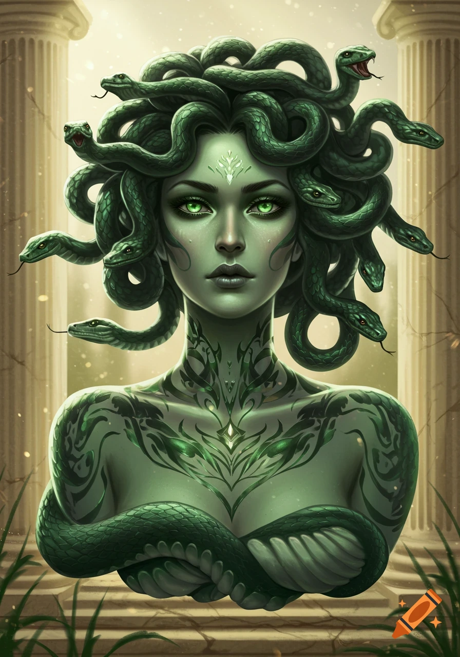 Stylized portrait of Medusa with green skin, glowing green eyes, and snakes for hair, standing before ancient Greek columns.