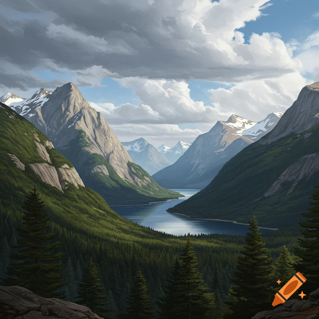 A serene mountain valley with a winding lake nestled between steep, forested slopes and rocky peaks under a cloudy sky.