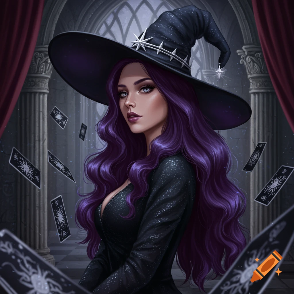 A gorgeous witch with long purple hair, wearing a black dress and witch hat, surrounded by floating tarot cards in a castle.