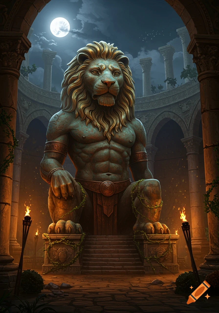 A colossal stone statue of a muscular lion-headed man sits amidst ancient, vine-covered ruins under a full moon, illuminated by torchlight.