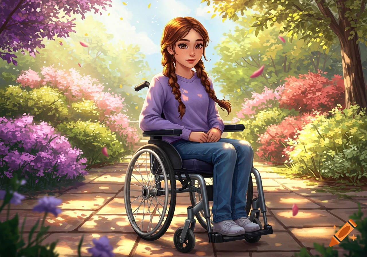 An illustrated brown-haired girl with braids sits in a wheelchair on a sunlit path in a vibrant park with colorful flowers and trees.