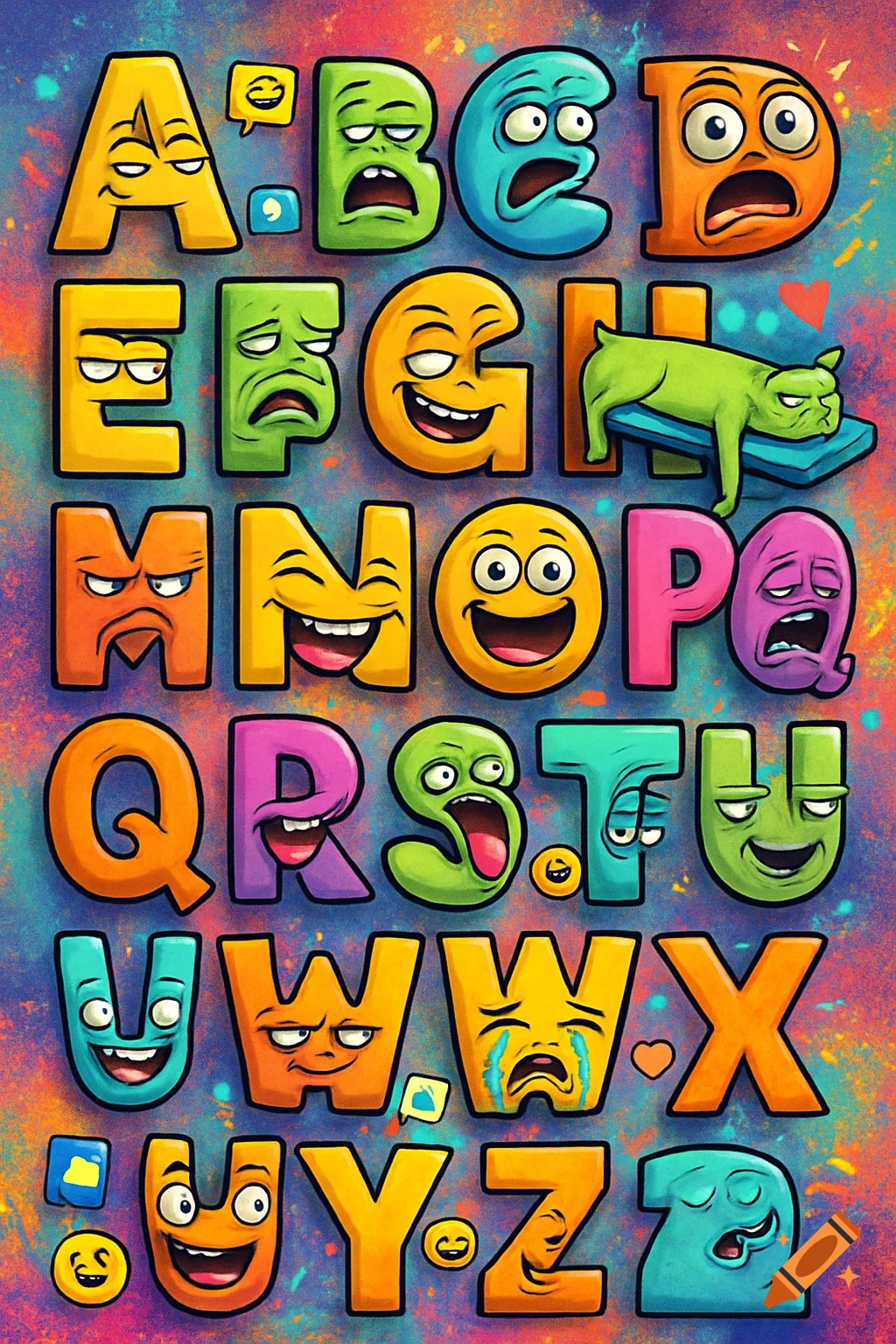 A colorful, cartoonish alphabet where each letter has a unique facial expression, on a vibrant, splattered background.