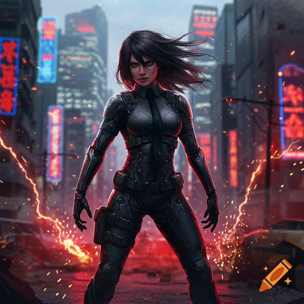 A determined female character with dark hair in a tactical suit stands in a dark, rainy cyberpunk city with neon signs and sparks.