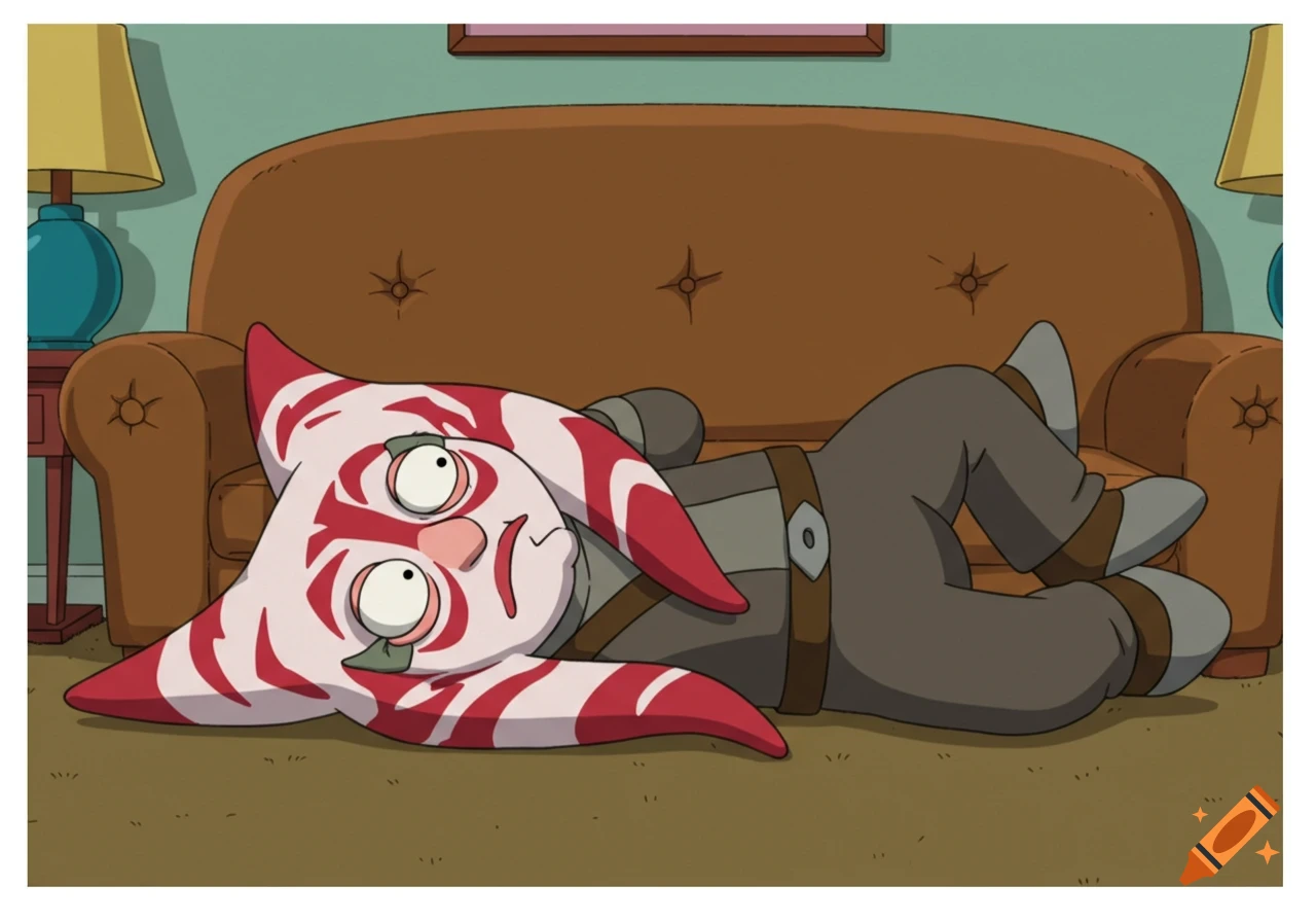An alien character with red and white striped head-tails and three eyes lies on its back on a carpet in front of a couch, in a cartoon style.