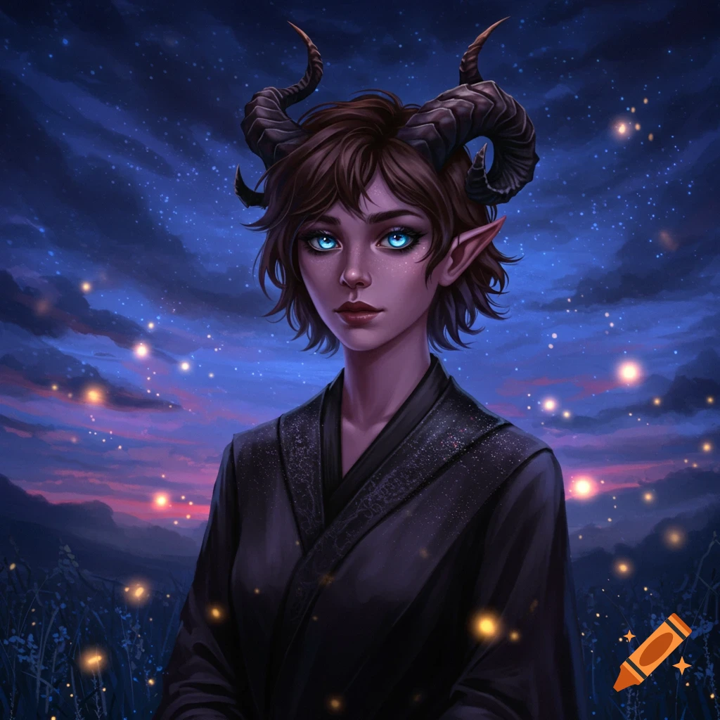 A fantasy portrait of a tiefling girl with glowing blue eyes, horns, and short brown hair, standing under a starry night sky with glowing flora.