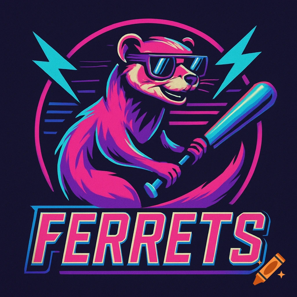 80s inspired logo of a cool ferret wearing sunglasses and holding a baseball bat, with the word 'FERRETS' below.