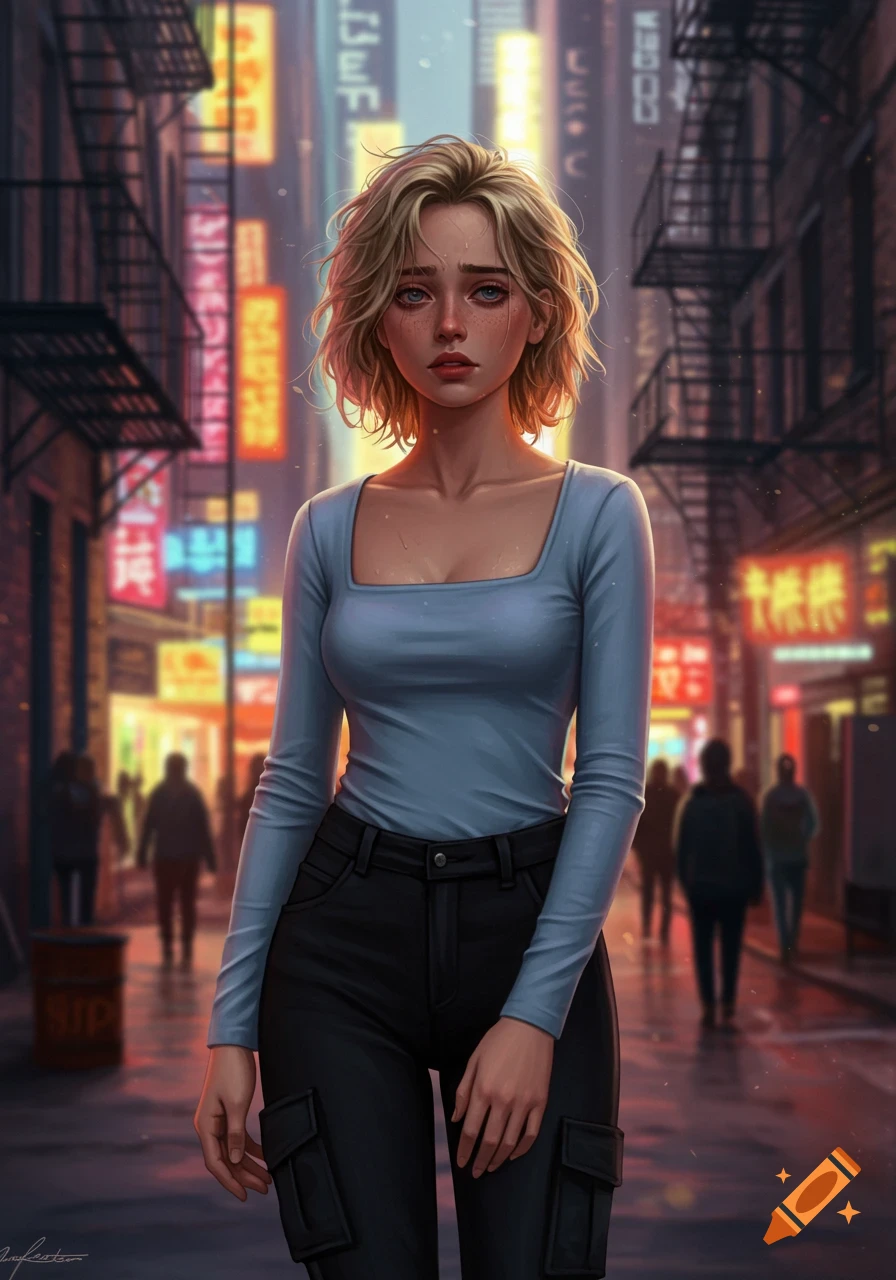 A blonde girl with a sad expression in a light blue shirt and black cargo pants stands in a neon-lit city street at night.