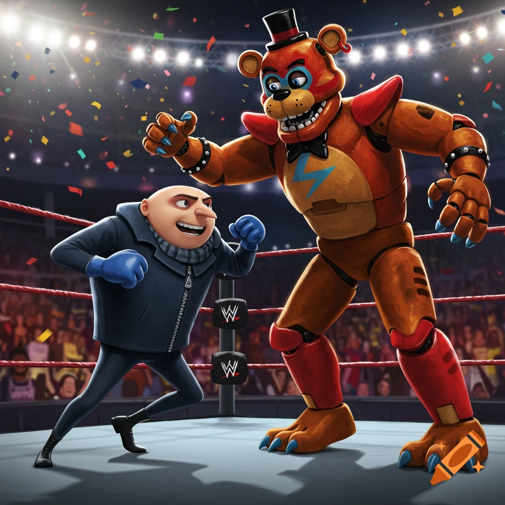 Gru and Freddy Fazbear wrestling in a WWE ring with confetti falling and a crowd in the background.