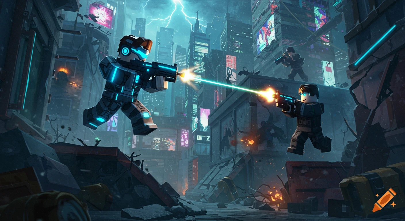 Roblox-style characters engage in a laser gunfight amidst a destroyed futuristic city with neon lights and lightning.