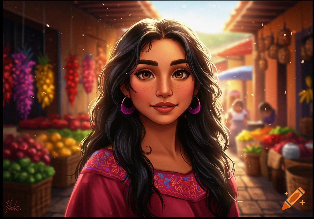 Stylized digital painting of a Latina woman with long dark hair and freckles, wearing a vibrant pink dress, standing in a sunlit market.