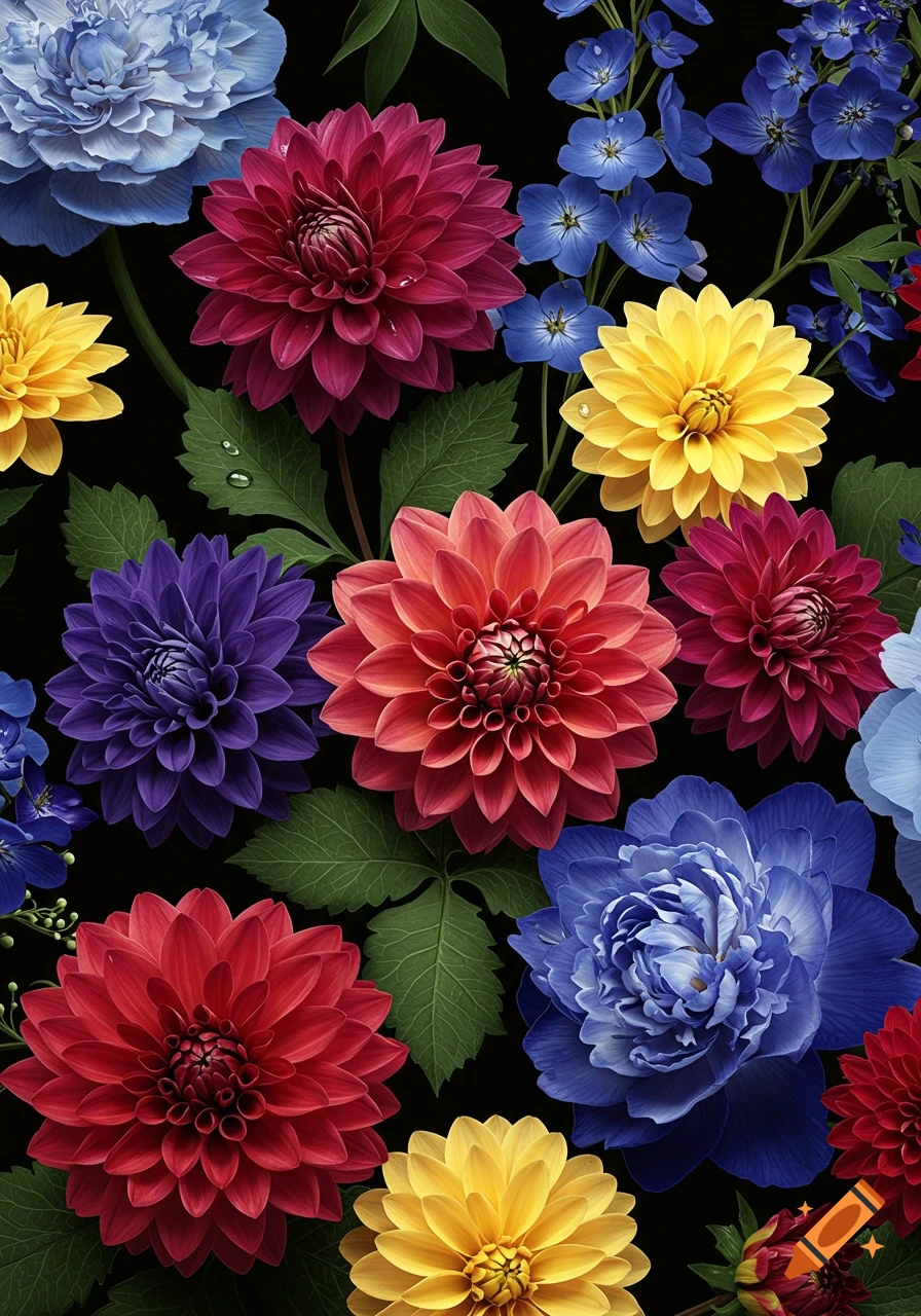 A vibrant floral wallpaper pattern with various colorful dahlia-like flowers in red, yellow, blue, purple, and pink, interspersed with green leaves on a dark black background.