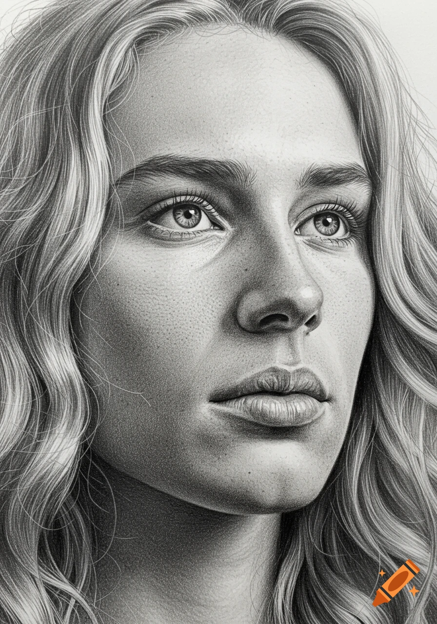 Detailed grayscale pencil drawing of a woman's face with wavy hair, looking upwards.