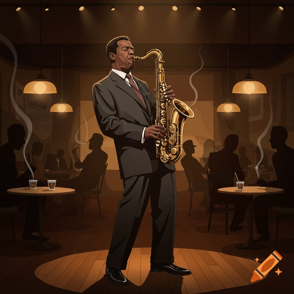 A Black jazz saxophonist plays saxophone on a stage in a dimly lit 50s club, in a vector art style.