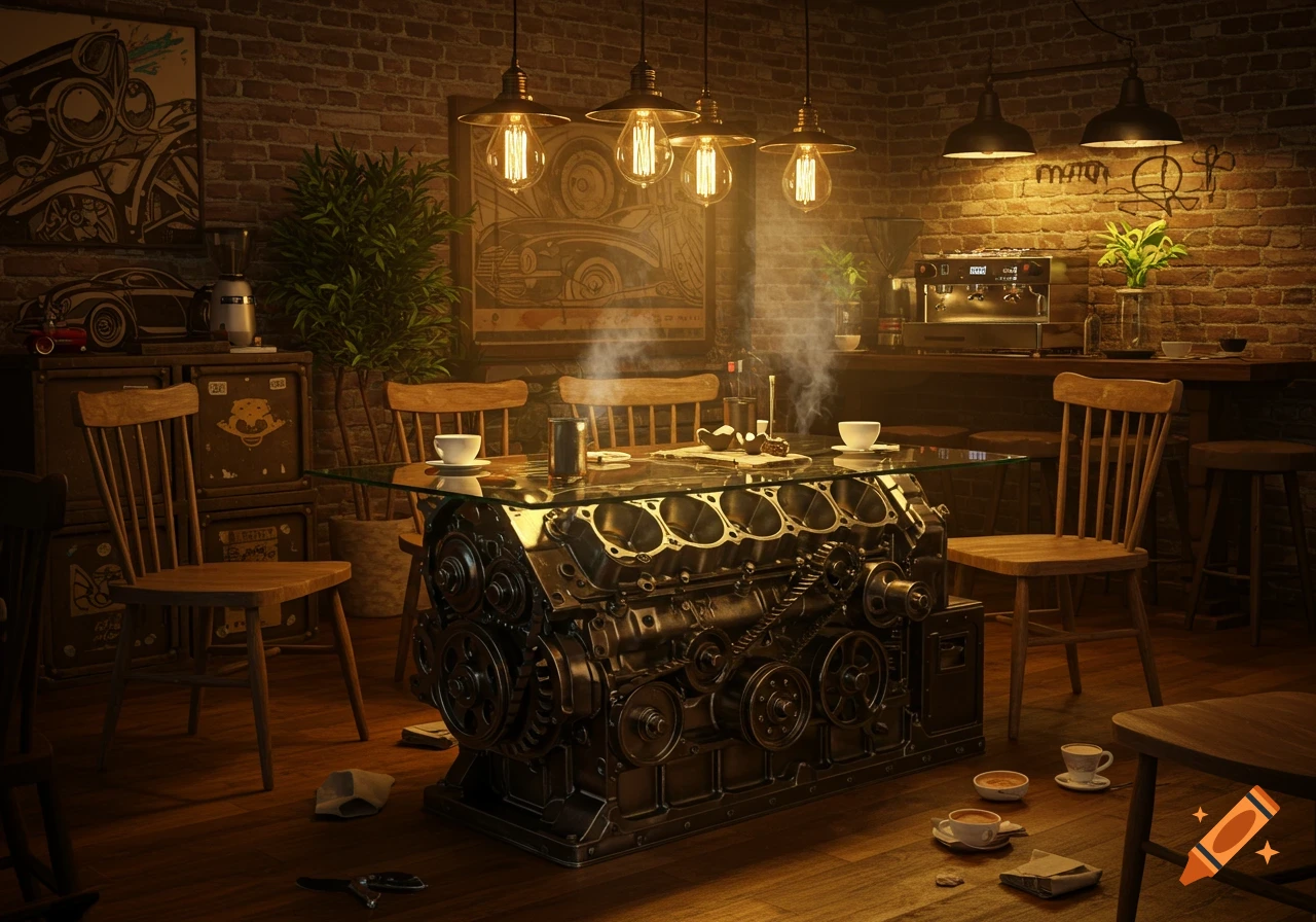 A dimly lit industrial-style cafe interior with brick walls and hanging Edison bulbs, featuring a glass-top coffee table made from a large motor engine block.