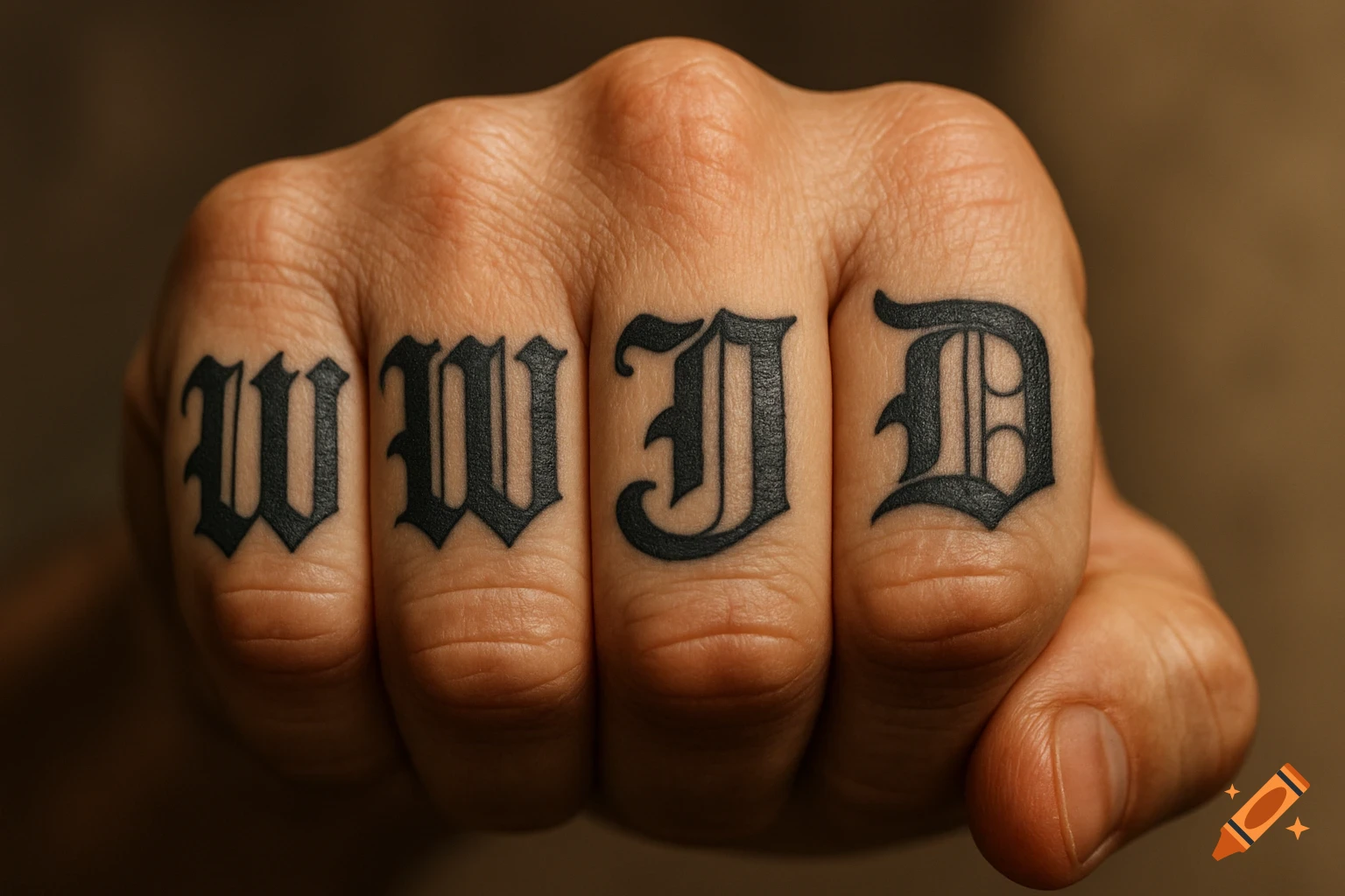 A close-up of knuckles with the letters WWJD tattooed in black gothic font.