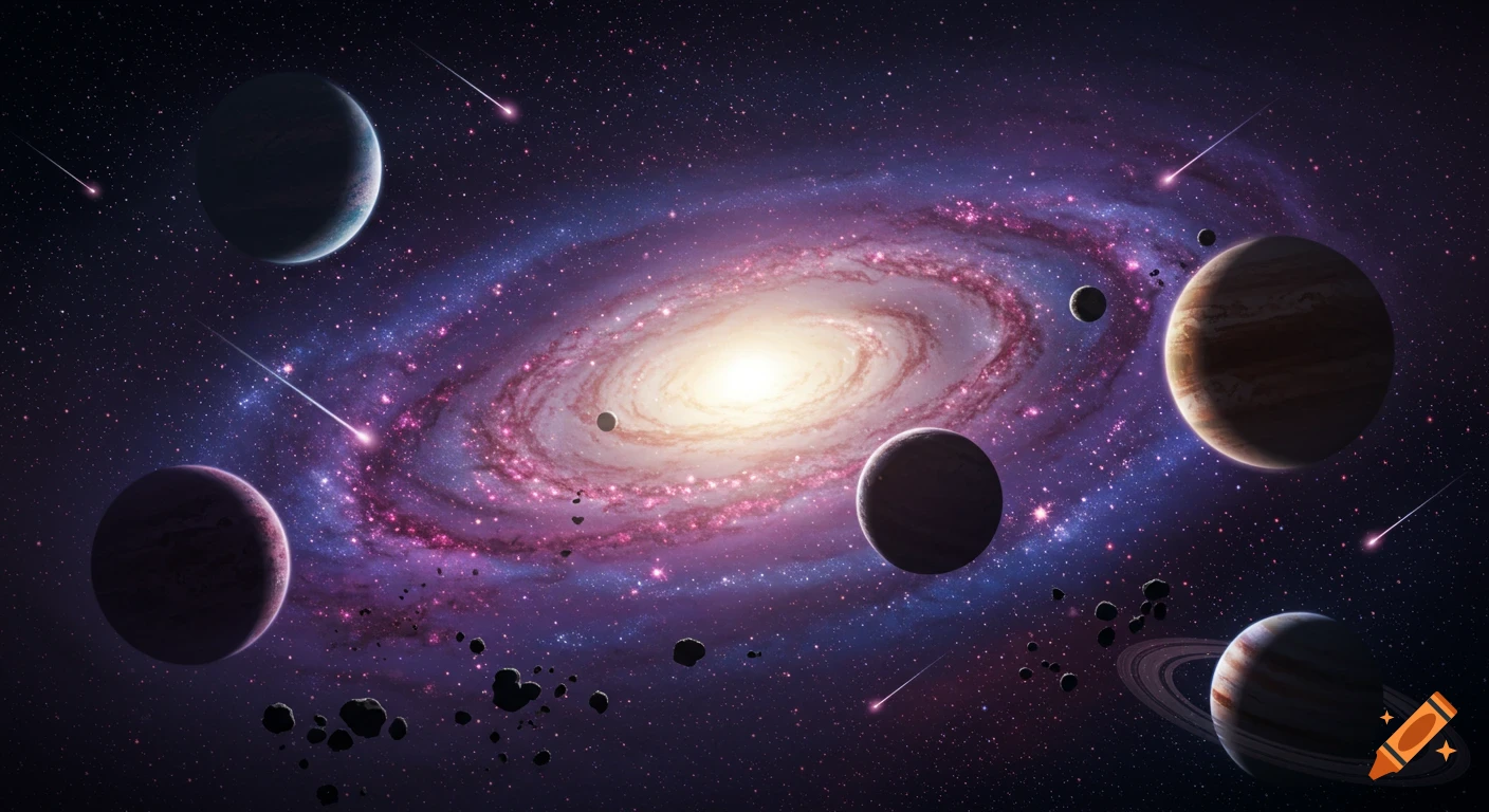 Vibrant spiral galaxy surrounded by planets, asteroids, and shooting stars in a starry cosmic background.