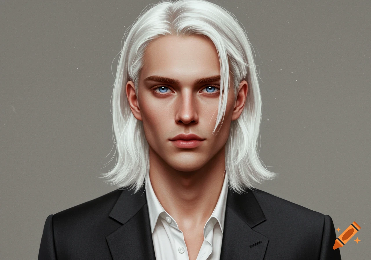 A photorealistic portrait of a man with white hair and blue eyes, wearing a black suit and white shirt.