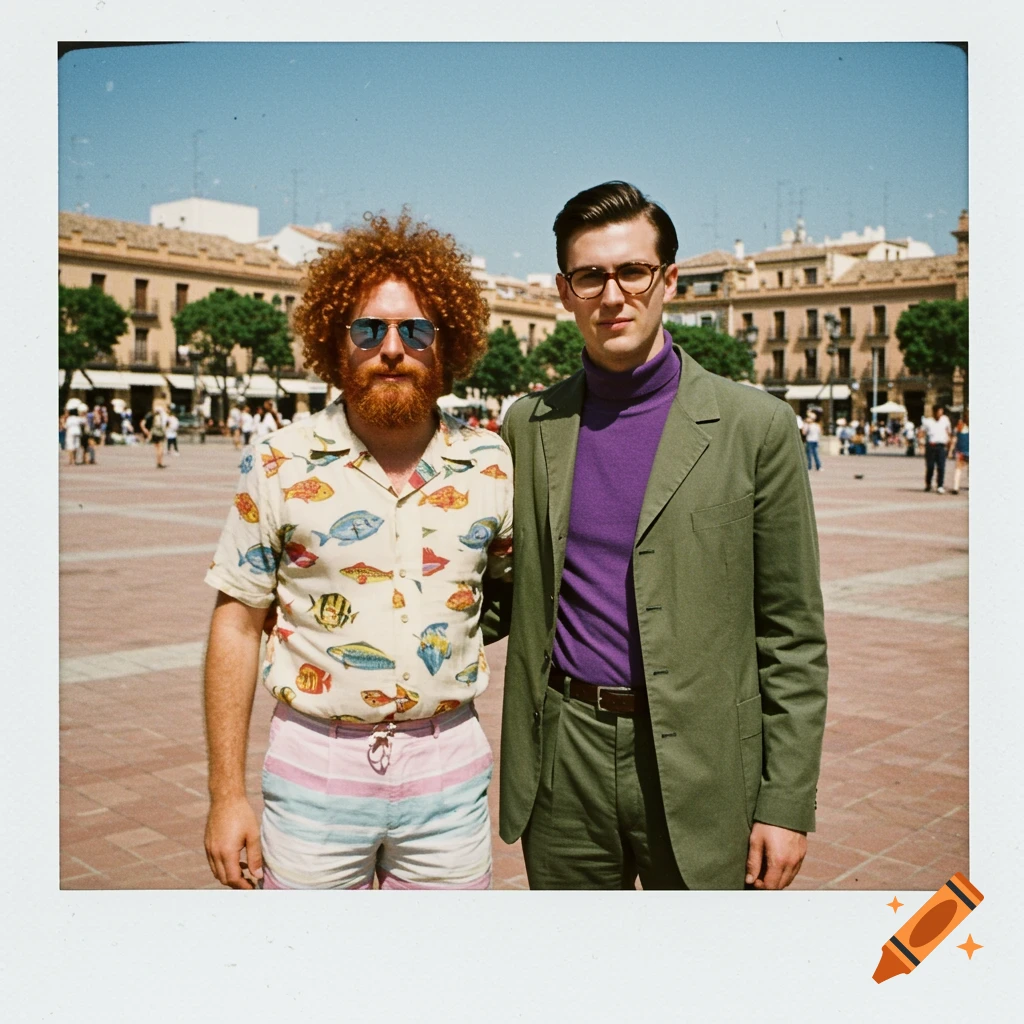 Two men, one with red curly hair and beard, the other in a purple turtleneck and suit, stand in a sunny Spanish square in a vintage Polaroid photo.