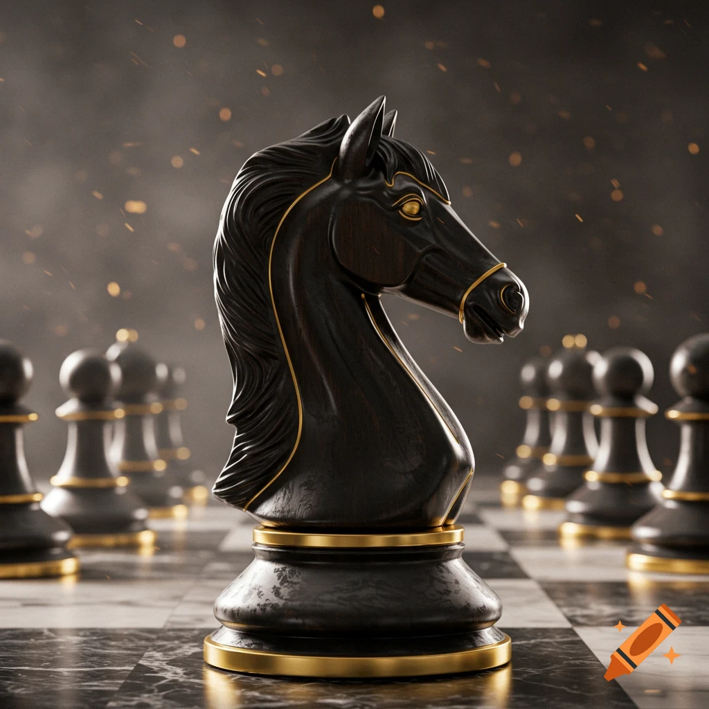 A close-up of a black wooden chess knight with gold accents on a marble chessboard, with blurred pawns in the background.