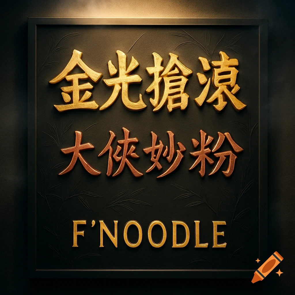 A dark sign with embossed golden Chinese characters and the English name 'F'NOODLE' lit from above.