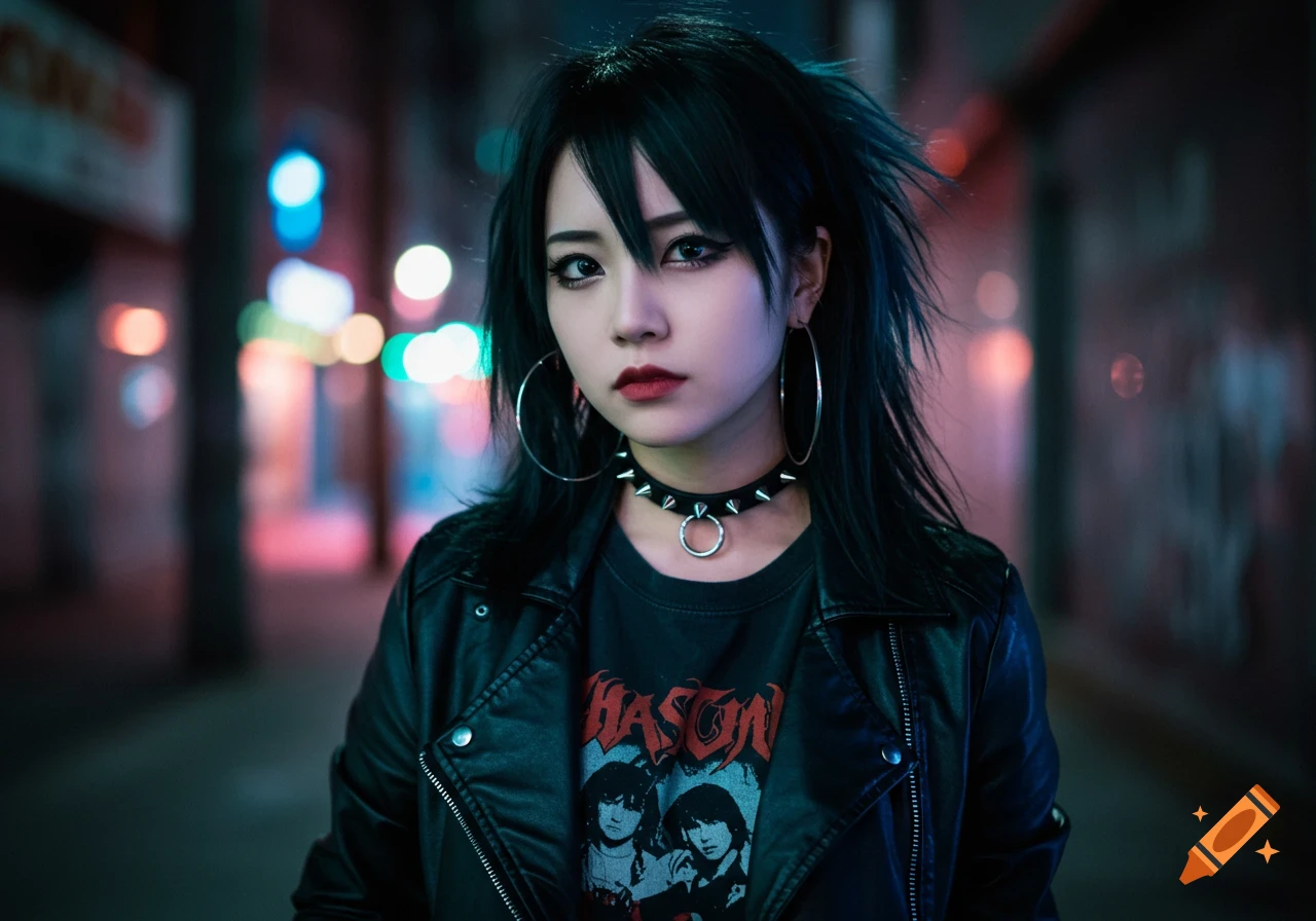 Close-up portrait of a young woman with black hair, wearing a leather jacket and spiked choker, standing in a dimly lit city street at night.