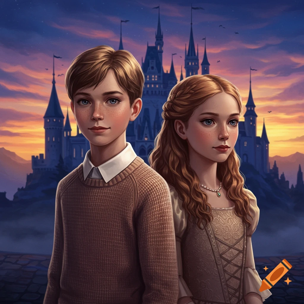 A boy and girl in proper attire stand before a majestic castle at sunset, in an illustrative style.