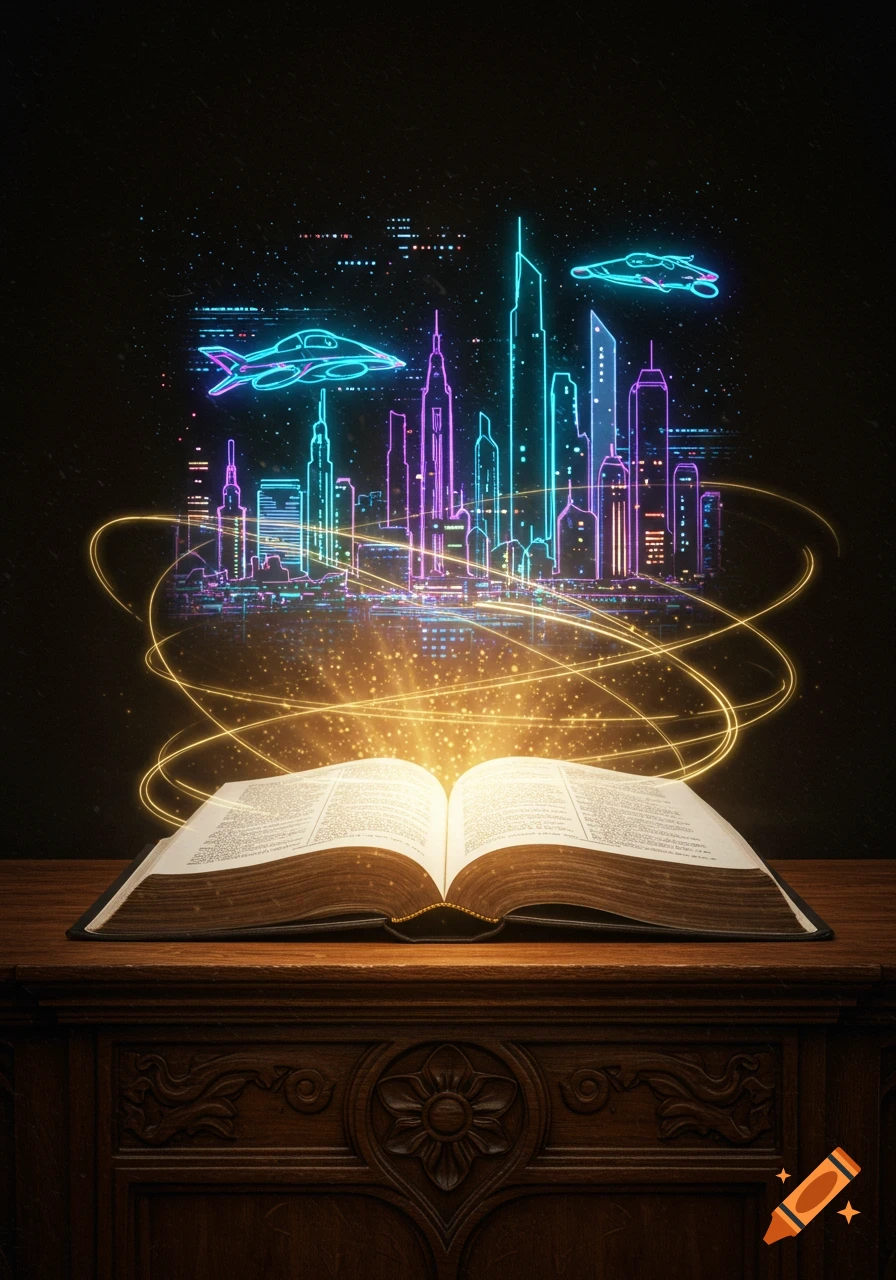 An open book on a wooden table glows with golden light, rising to a neon futuristic cityscape with flying vehicles against a dark sky.