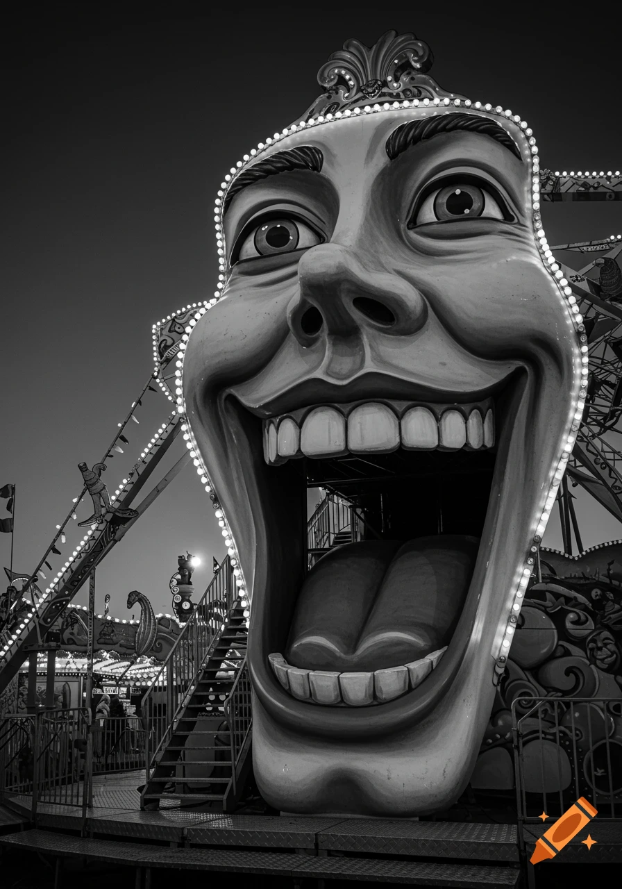 Black and white photo of a large, laughing carnival ride entrance with bright lights, seen from a low angle.